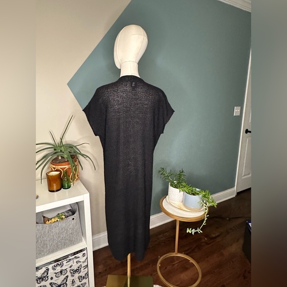 Eileen Fisher L Black Wool Midi Dress Textured Knit Wrap V-Neck Size Large - Picture 5 of 10